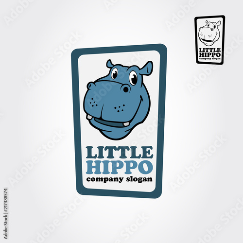 Little Hippo Logo Cartoon Character. Vector illustration of very cute hippo head. Hippopotamus vector logo template.
