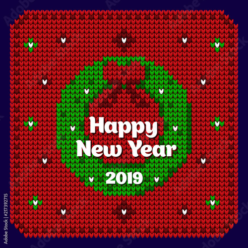 Christmas card in the style of a knitted cardigan. Decorative wreath. Vector illustration