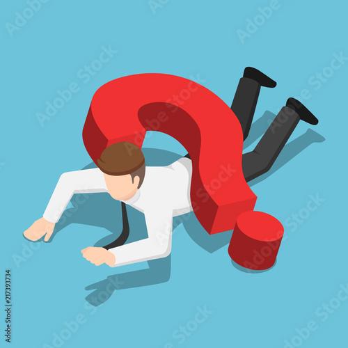 Isometric businessman crushed by question mark sign