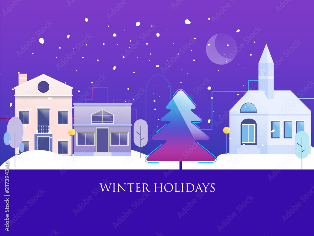 Winter town and snowing background, panorama,landscape,cityscape. vector illustration flat style.