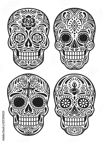 Day Of The Dead Skull Vector Illustration Set In Black And White photo