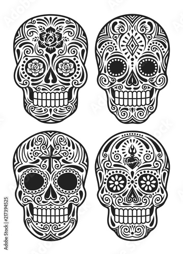 Day Of The Dead Skull Vector Illustration Set In Black And White
