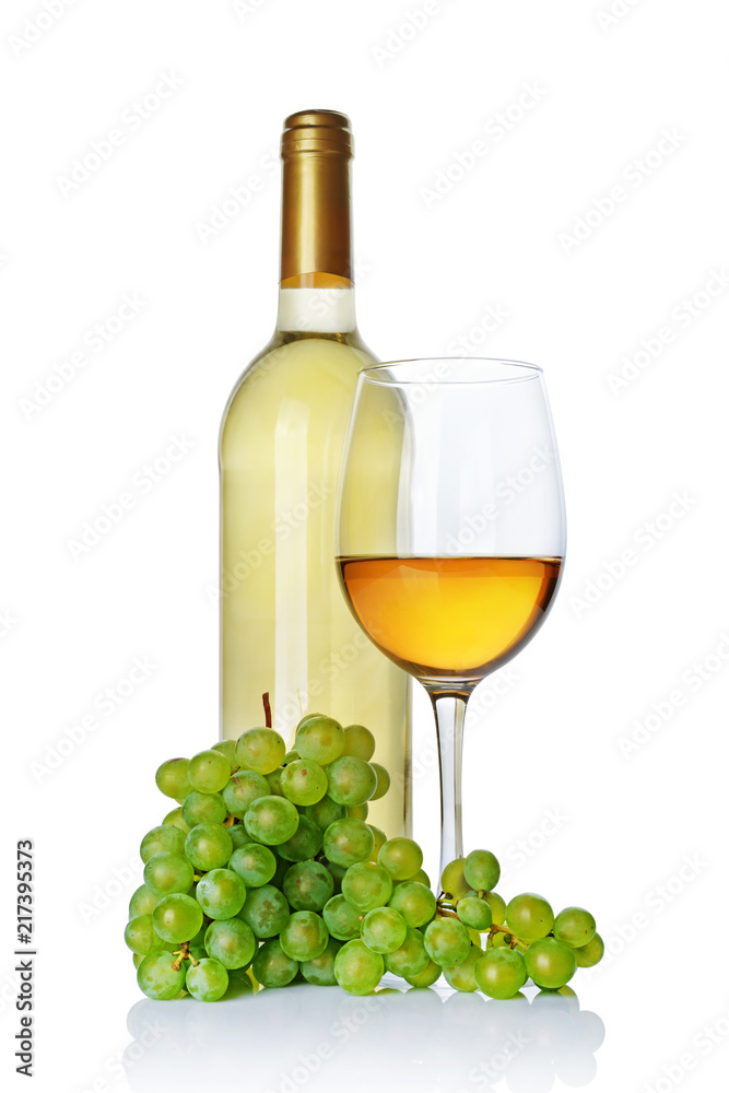 White wine bottle with glass for tasting and fresh grape White wine bottle with glass for tasting and fresh grape