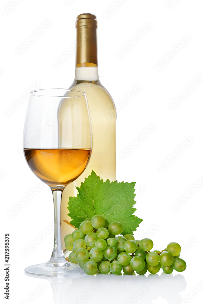 White wine bottle with glass for tasting and fresh grape White wine bottle with glass for tasting and fresh grape