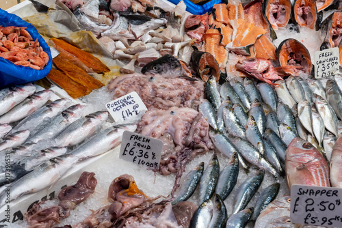 Fish and seafood for sale at a market in London, UK photo