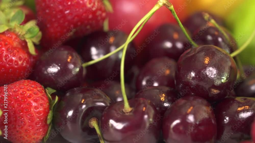 Fresh berry fruits. Strawberry, mulberry, raspberry. Close up slider shot Fresh berry fruits. Strawberry, mulberry, raspberry. Close up slider shot