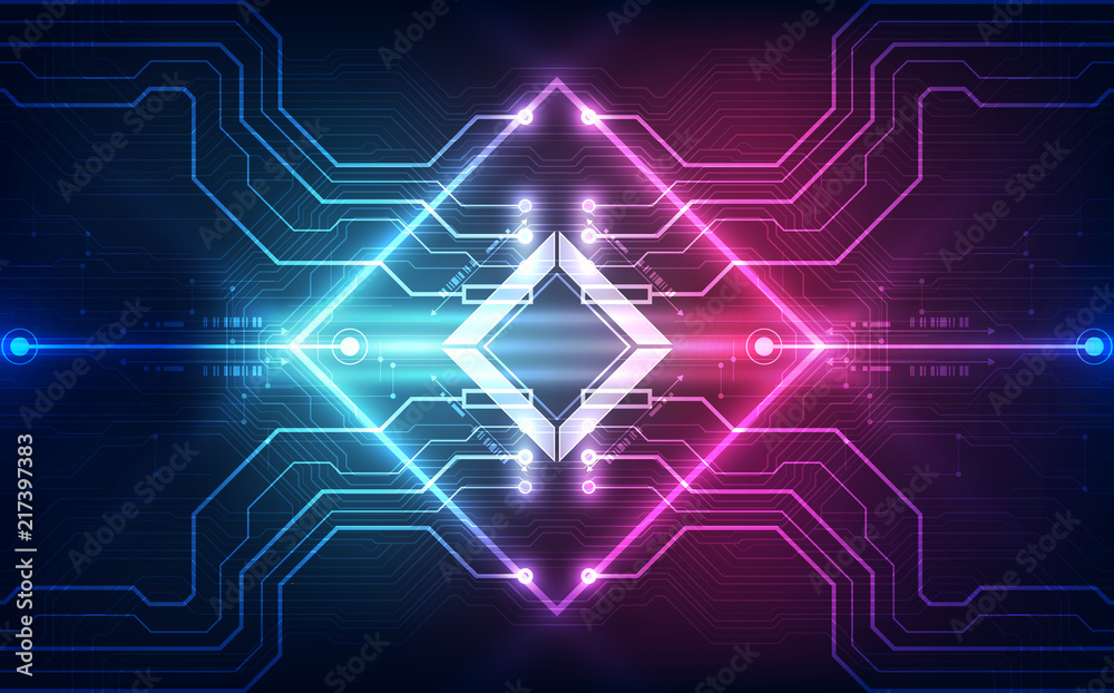 Abstract technology chip processor background circuit board and code, illustration blue technology background vector.