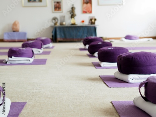 Purple coloured yoga mat and yoga cushion in a yoga room.