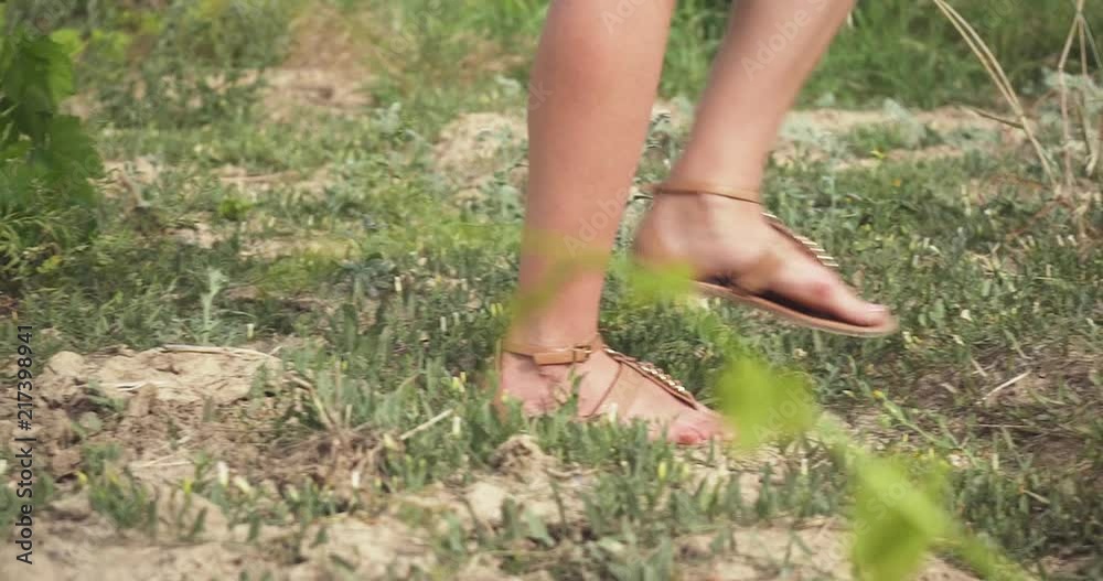 Woman's feet closeup walking through a vineyard. Slow motion. Woman's feet closeup walking through a vineyard. Slow motion.