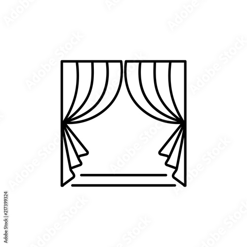 Fabric curtain with drapery. Vector illustration. Line icon of shade. Element of home & office window decoration. Front view. Isolated on white background.