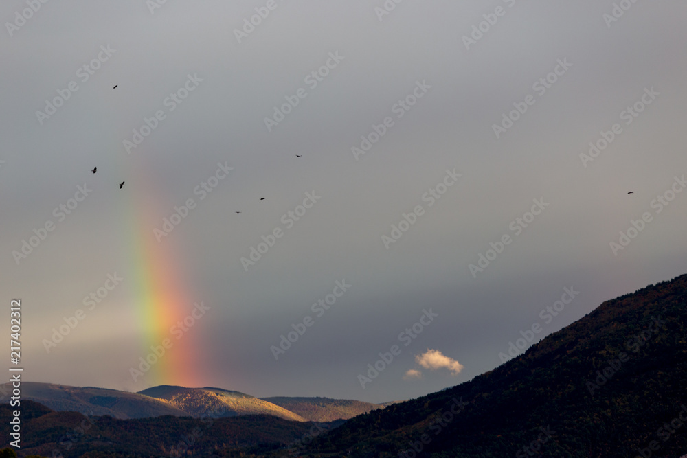 Beautiful and surreal view of part of a rainbow over some hills with birds flying