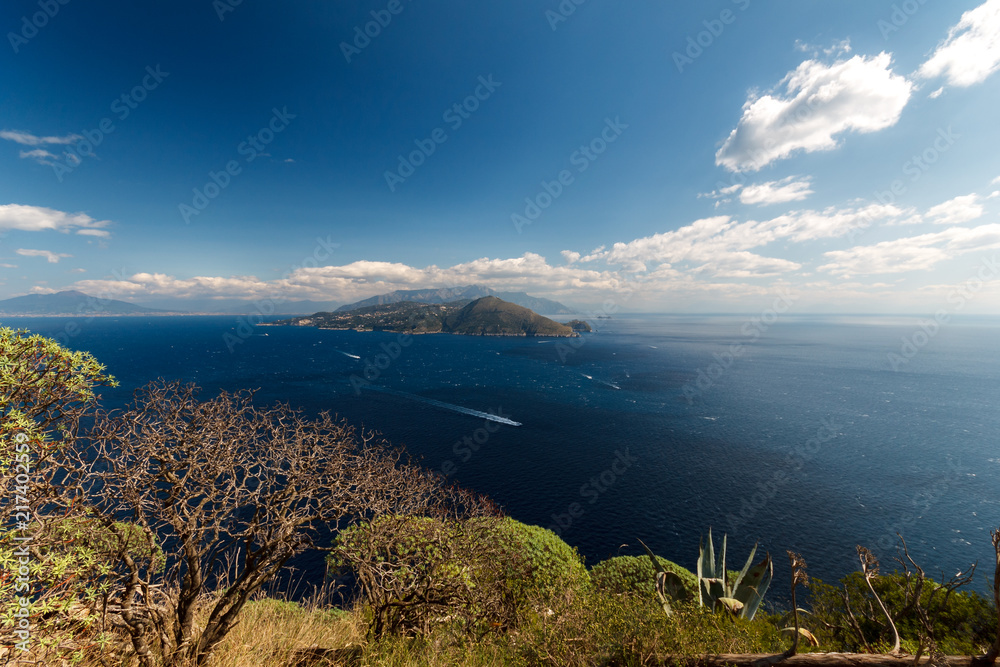 Beautiful aerial view of Capri island, with boat trails on the water