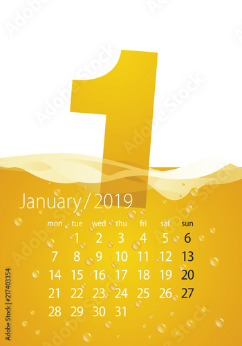 2019 Calendar month January beer orange background