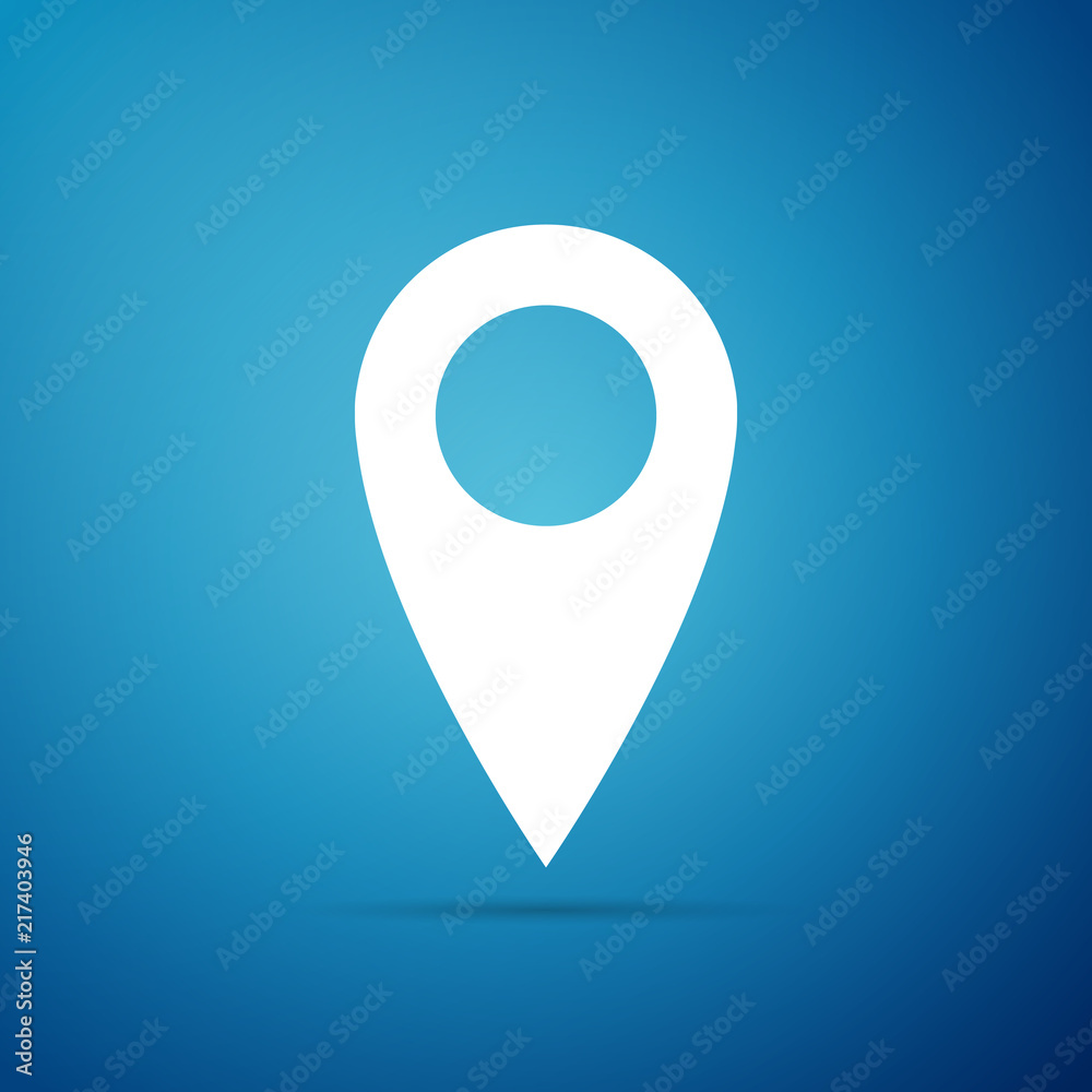 Map pin icon isolated on blue background. Pointer symbol. Location sign. Navigation map, gps, direction, place, compass, contact, search concept. Flat design. Vector Illustration Map pin icon isolated on blue background. Pointer symbol. Location sign. Navigation map, gps, direction, place, compass, contact, search concept. Flat design. Vector Illustration