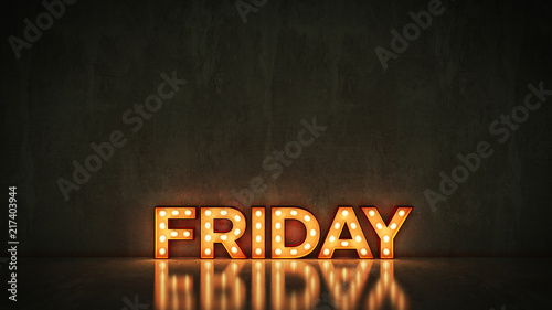 Neon Sign on Brick Wall background - Friday. 3d rendering photo
