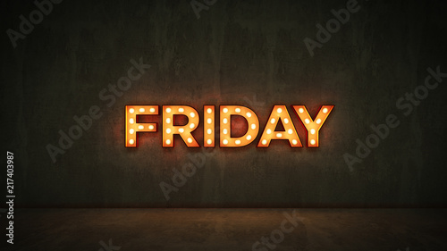 Neon Sign on Brick Wall background - Friday. 3d rendering