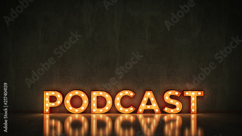 Neon Sign on Brick Wall background - Podcast. 3d rendering