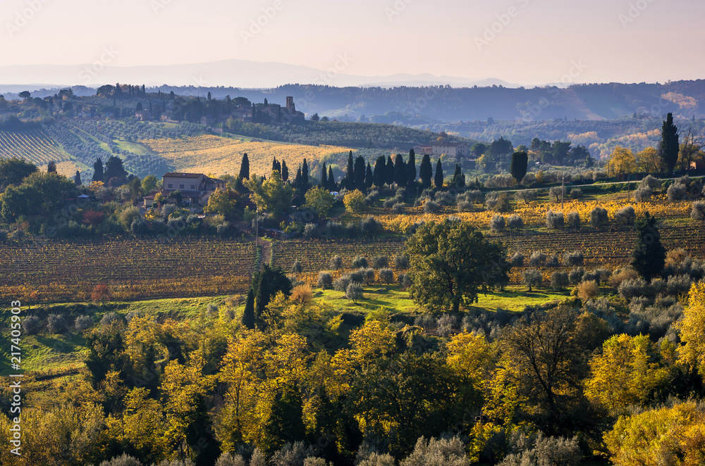 Classic view of Tuscany from San Gimignano (autumn season)