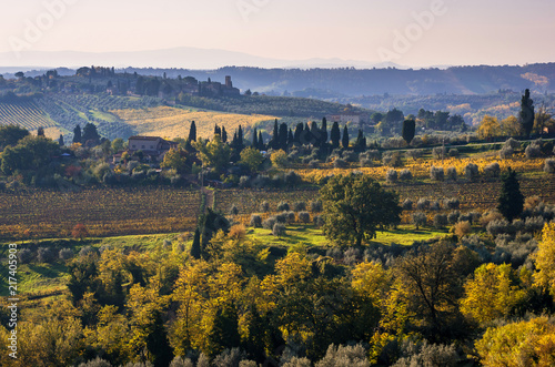 Classic view of Tuscany from San Gimignano  autumn season 