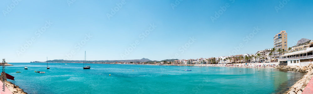 Panoramic videw of the beach and port of Xabia and the mediterranean sea, Alicante province, Spain.