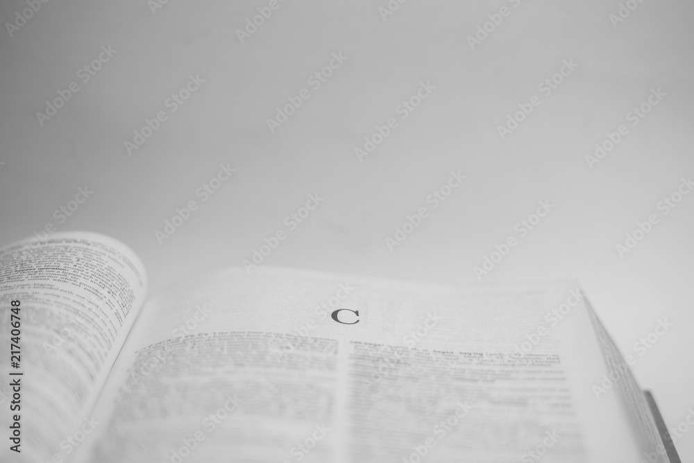 Roman A to Z alphabet printed on open book Roman A to Z alphabet printed on open book