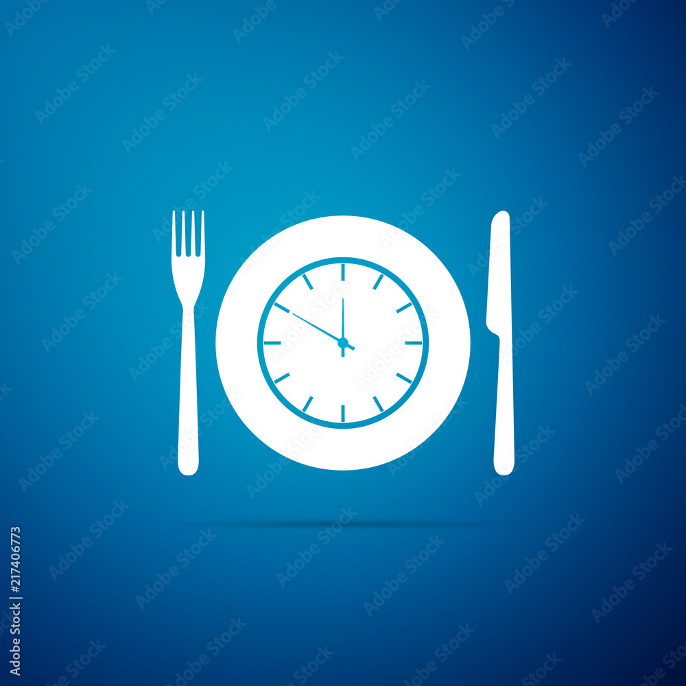 Plate with clock, fork and knife icon isolated on blue background. Lunch time. Eating, nutrition regime, meal time and diet concept. Flat design. Vector Illustration