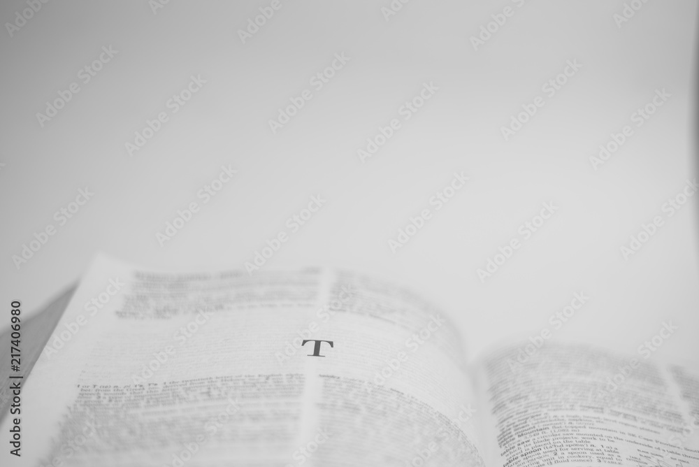 Roman A to Z alphabet printed on open book Roman A to Z alphabet printed on open book