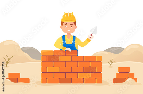 A man builder with a trowel in his hand builds a brick wall. Against the backdrop of snowdrifts and the formation of material. Housing construction. Flat composition, isolated on white background