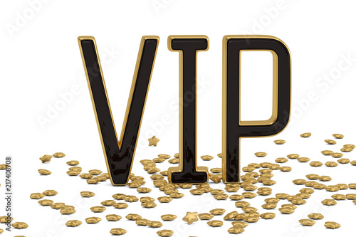 Golden word vip with gold stars isolated on white background 3D illustration.