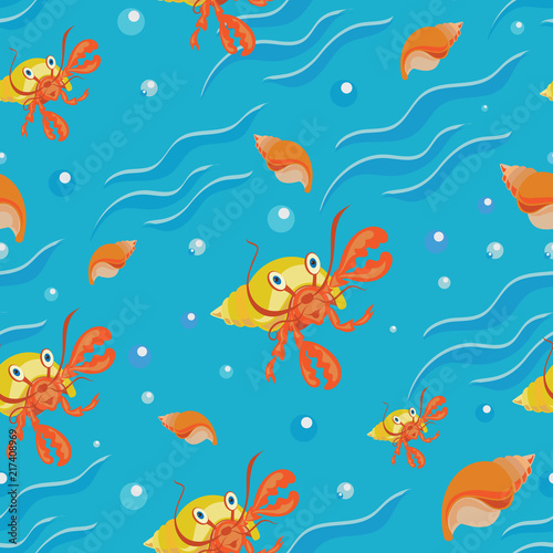 Hermit crab, sea and seashells. Blue background with waves. Seamless pattern. Design for tapestries, children's textiles with characters from the cartoon inhabitants of the sea. © velishchuknatali