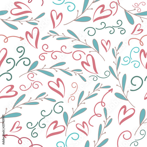 Seamless romantic pattern with hand drawn hearts, whorl, arrows and leaves. Doodle heart and leaf on white. Ready template for design, postcards, print, poster, party, Valentine's day,vintage textile.