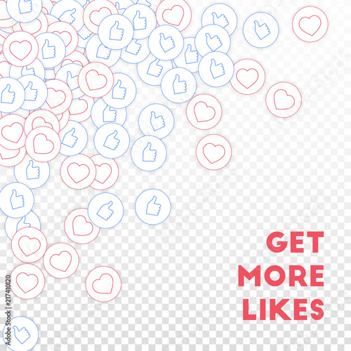 Social media icons. Social media marketing concept. Falling scattered thumbs up hearts. Scattered to