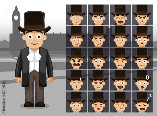 English Traditional Boy Costume Cartoon Emotion faces Vector Illustration