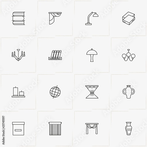 Decor line icon set with candle, blinds and books