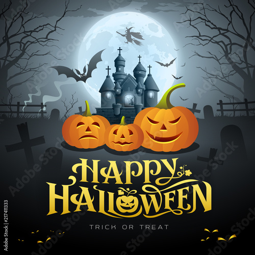 Happy Halloween gold message, pumpkin bat, witch, castle, design background, vector illustrations
