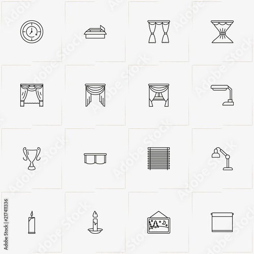 Decor line icon set with candle, curtains and blinds