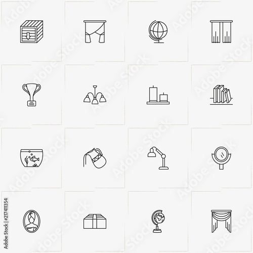 Decor line icon set with books, curtains and chandelier