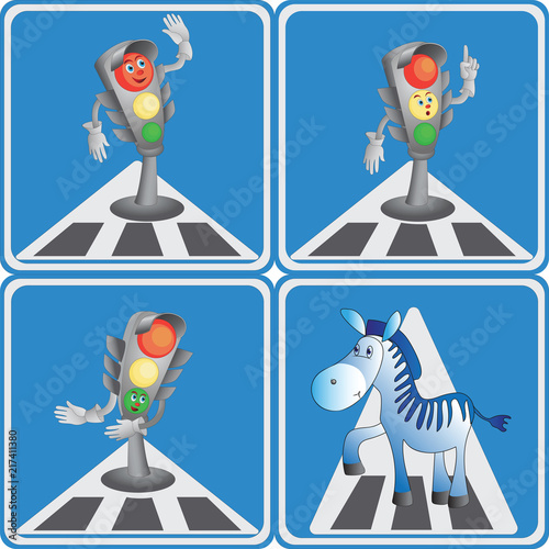 Cartoon traffic light and zebra. Set. Logo, icon. Vector image. Road sign for children. Design for printing on fabric or paper, illustration to the book about the rules of the road.
