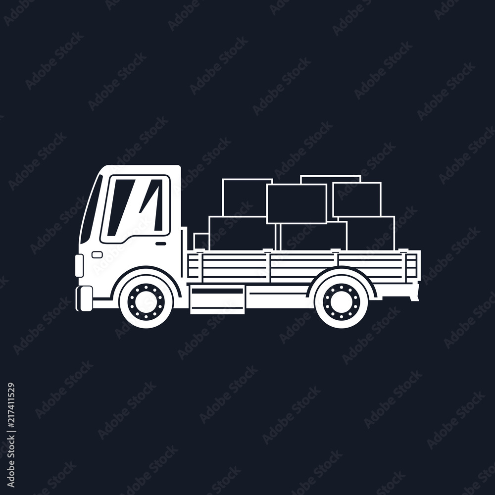 White Silhouette Small Cargo Truck with Boxes Isolated on Black Background, Delivery Services, Logistics, Shipping and Freight of Goods,  Vector Illustration