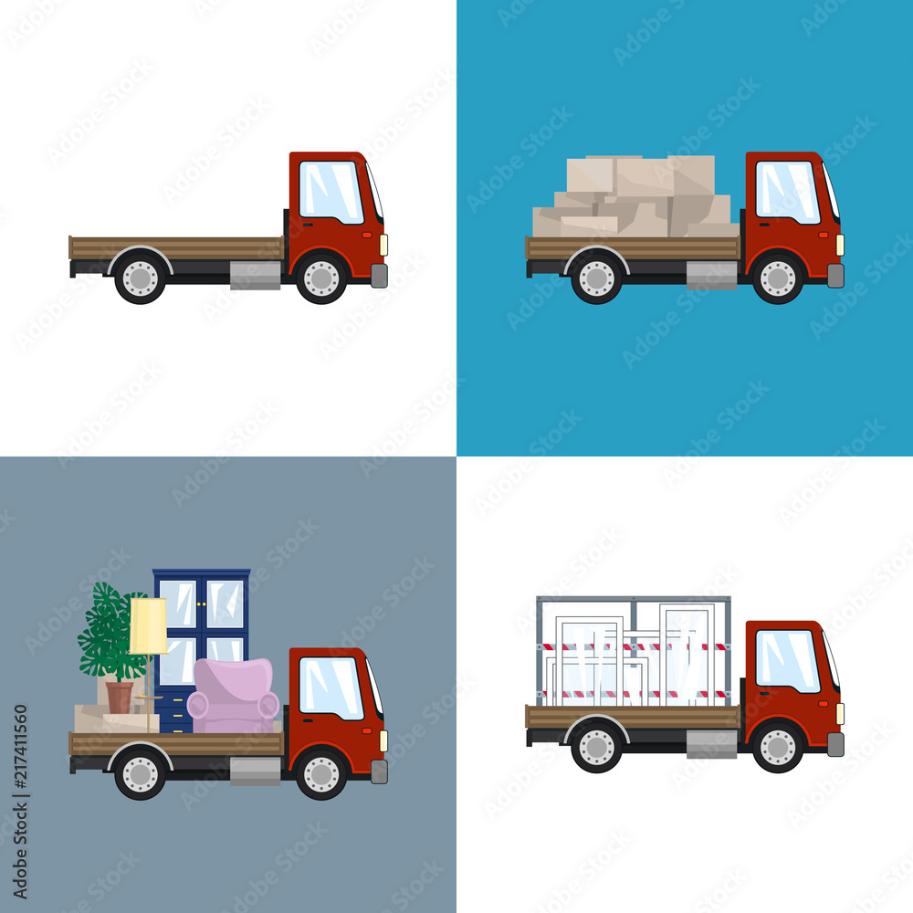 Red Small Trucks with Different Loads Isolated, Empty and Covered Trucks, Lorry with Furniture ,Freight Car with Windows, Delivery Services, Transport Services and Logistics, Vector Illustration Red Small Trucks with Different Loads Isolated, Empty and Covered Trucks, Lorry with Furniture ,Freight Car with Windows, Delivery Services, Transport Services and Logistics, Vector Illustration
