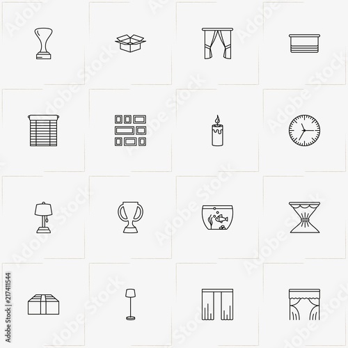 Decor line icon set with curtains, blinds and box