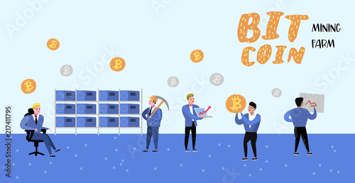 Bitcoin Concept with Flat Cartoon Characters Poster, Banner. Crypto Currency Virtual Money. Bitcoin Mining, Electronic Finance. Vector illustration