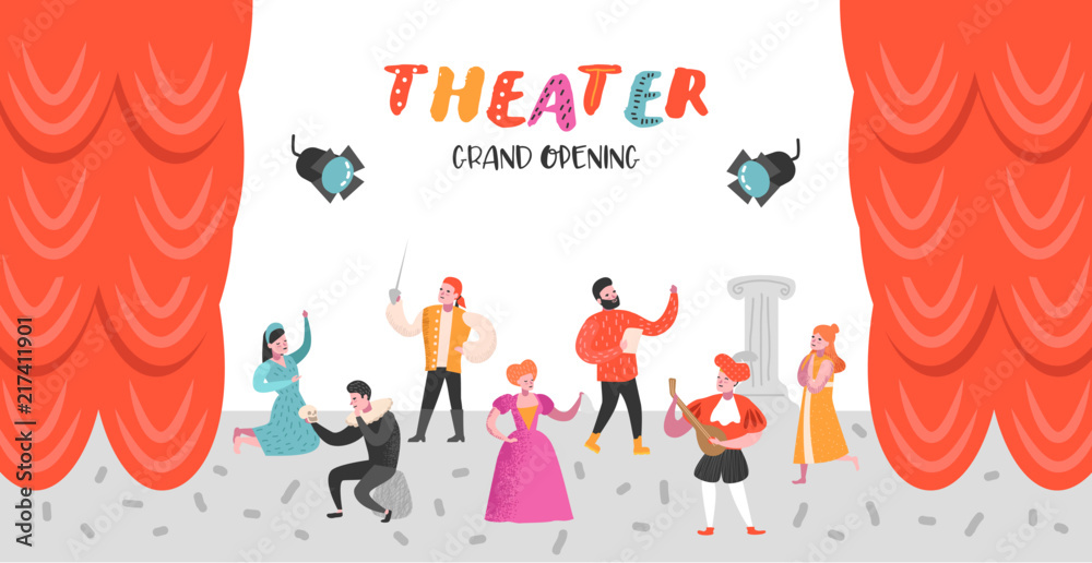 Theater Actor Characters Set. Flat People Theatrical Stage Poster. Artistic Perfomances Man and Woman. Vector illustration - obrazy, fototapety, plakaty 