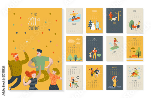 2019 Year Monthly Calendar with Flat People Characters. Calendar Template Layout. Vector illustration