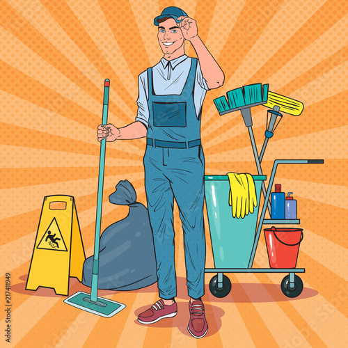 Pop Art Cleaner in Uniform with Mop. Cleaning Service Staff with Equipment. Vector illustration