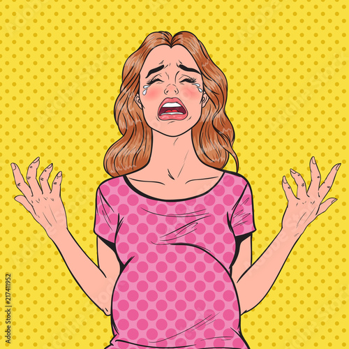 Pop Art Crying Pregnant Woman. Pregnancy Hormones Depressed Young Mother. Vector illustration