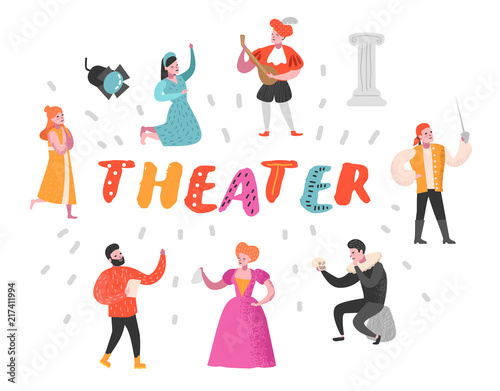 Theater Actor Characters Set. Flat People Theatrical Perfomances. Artistic Man and Woman on Stage. Vector illustration