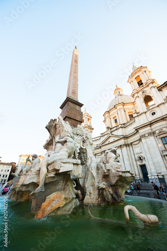 Piazza Navona, Rome, Italy, Europe. Rome ancient stadium. Navona Square, fountain of the four rivers, detail.