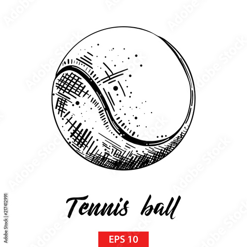 Vector engraved style illustration for posters, decoration and print. Hand drawn sketch of tennis ball in black isolated on white background. Detailed vintage etching style drawing.