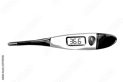 Vector engraved style illustration for posters, decoration and print. Hand drawn sketch of digital thermometer in black isolated on white background. Detailed vintage etching style drawing.